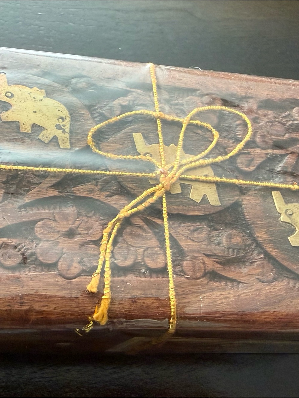 Hand-Carved Wooden Tea Box W/ Brass Elephant Inlay, Indian Darjeeling Tea Gift